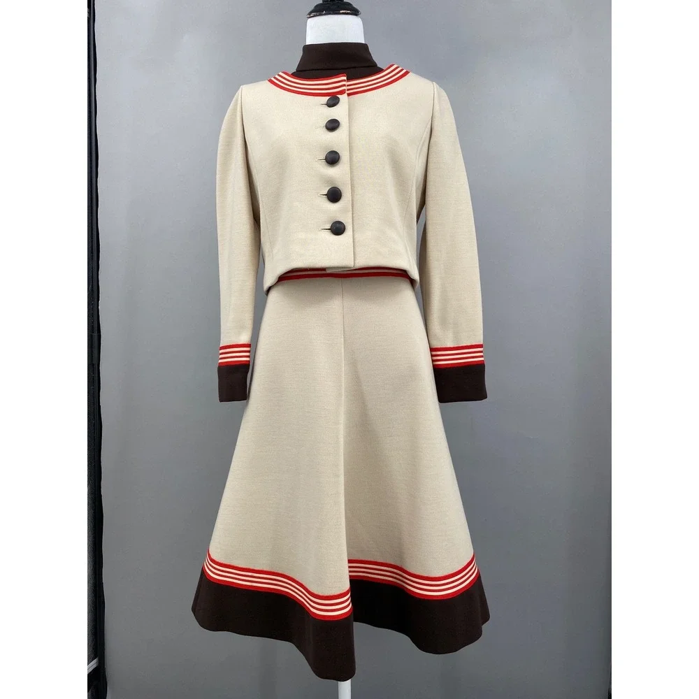 Vintage 70s Knit Dress Jacket Set Cream Chocolate Brown Mod A-Line Midi S/M